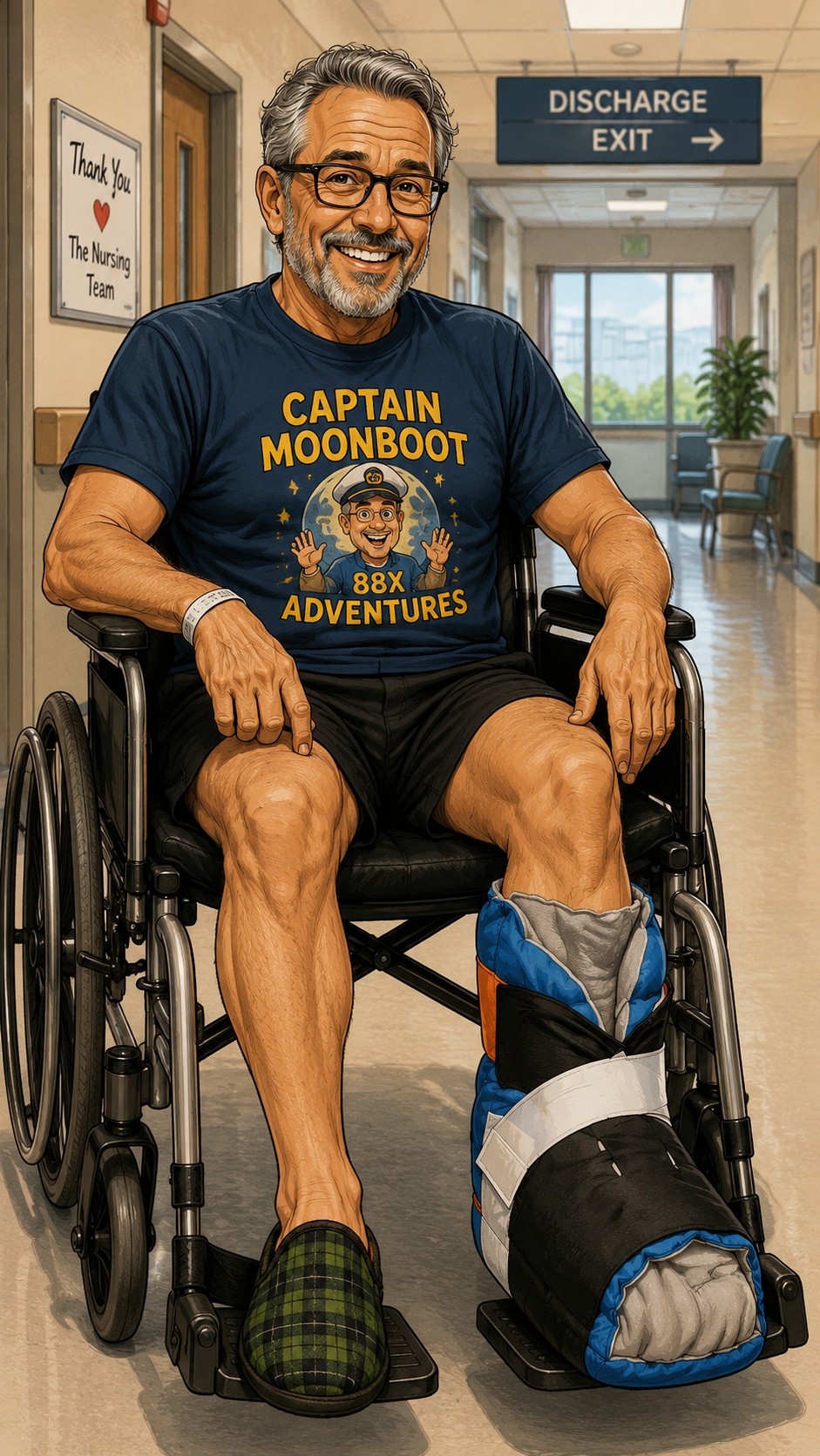 Captain Moonboot in a wheelchair.
